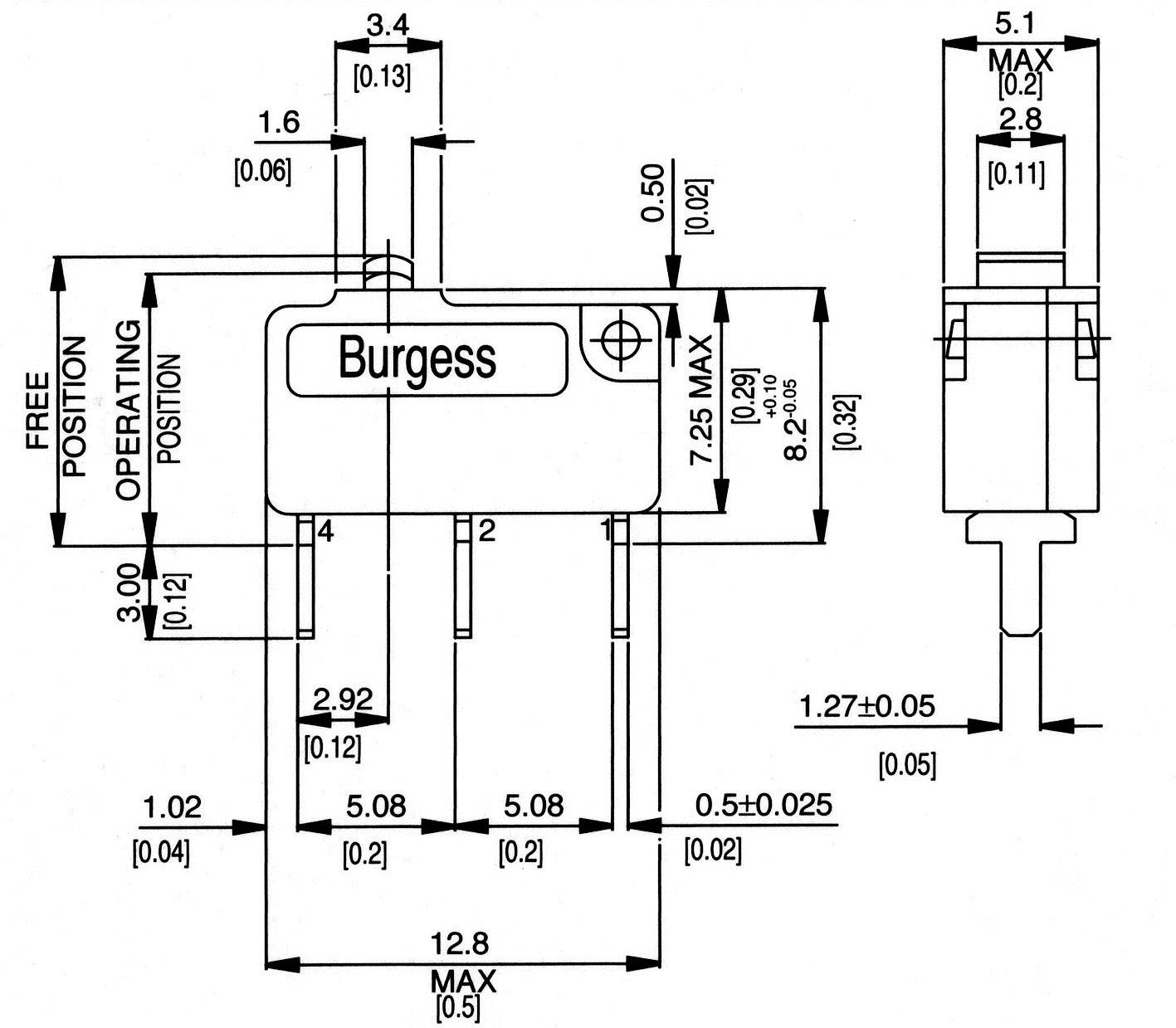 Technical drawing of a Burgess microswitch with dimensions in millimetres, showing position, width, height, and connection types.