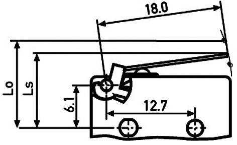 Technical drawing of a hinge with dimensions: 18.0 width, 12.7 length, vertical measurements Lo and Ls, screw holes at the bottom.