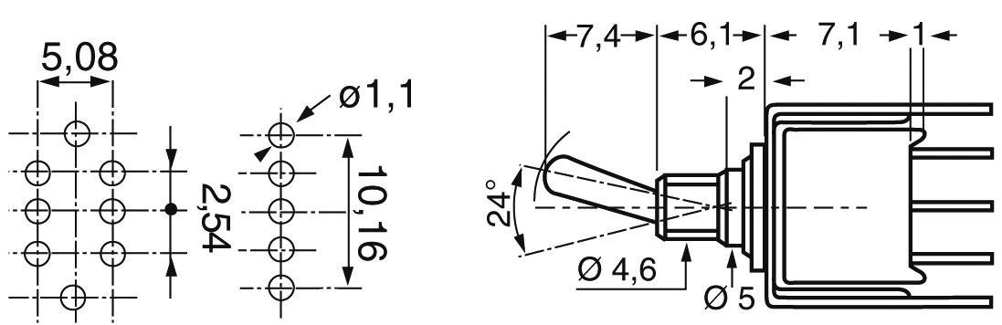 Technical drawing of a switch with dimensional specifications in millimetres, showing details of drill holes and angles of mechanical components.