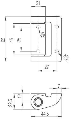 Technical drawing of a door handle with dimensions and screw details. Dimensions: 65x21mm, screw holes M5, laterally 22.5mm and 44.5mm.