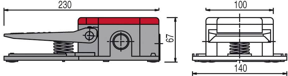 Technical drawing of a lever mechanism with dimensions: width 230 mm, depth 140 mm, height 67 mm, lever in red. Side and front view.