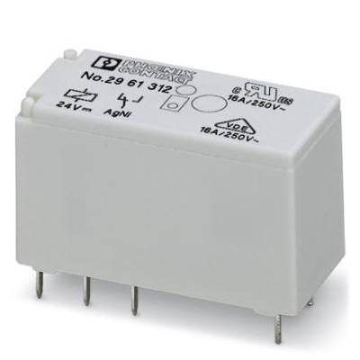 White, rectangular electronic component with metal pins at the bottom. Top surface displays technical specifications and brand logo.
