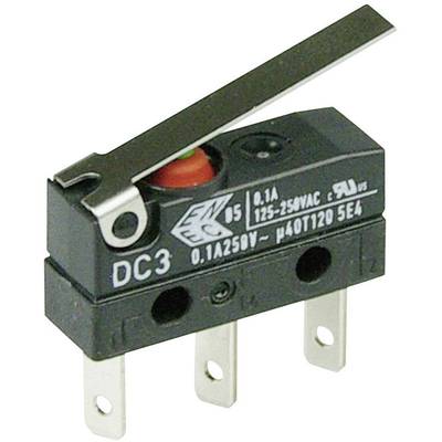 A red micro switch with an actuating lever, marked 'DC3, 0.1A 125-250V AC', serves for electrical control.