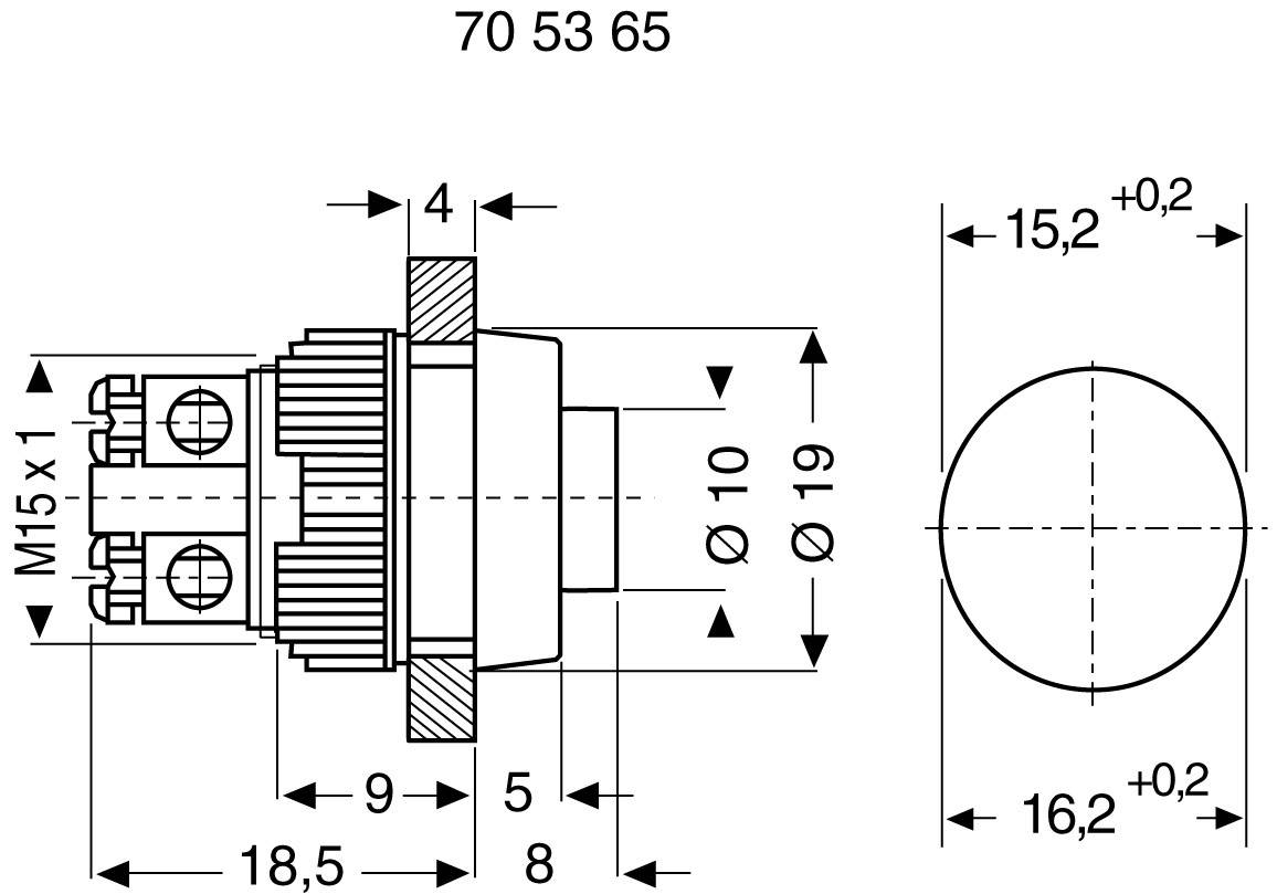 Technical drawing of a cylindrical switch with dimensions. Shows diameter, M15x1 thread, and measurements in mm.
