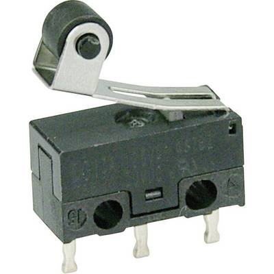 A microswitch with a lever and three connection pins. The lever is attached to the upper part of the switch and is used for activation.