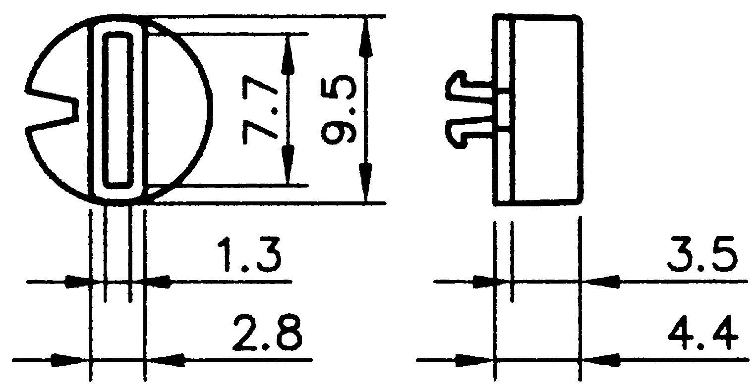 Technical drawing of a cylindrical component with dimensions: Front 9.5 mm, side 4.4 mm. Shows detailed dimensions and pins.