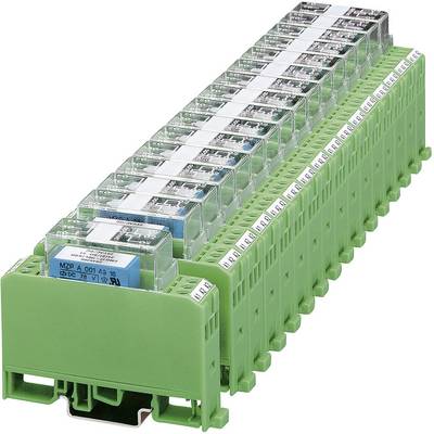 A green, modular relay module with multiple rows of transparent relay caps, mounted on a DIN rail.