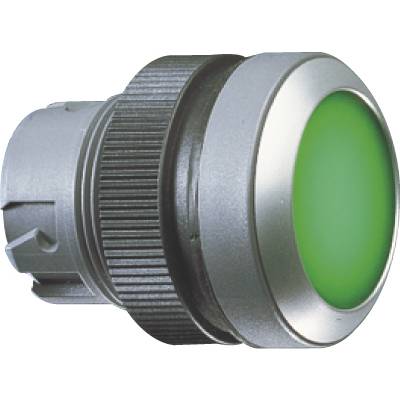 A round, green push button switch with a silver rim, suitable for industrial or mechanical applications.
