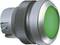 A round, green push button switch with a silver rim, suitable for industrial or mechanical applications.