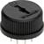 A black, round electronic sensor with several metal pins underneath; inscription 'AB Elektronik' on the top surface.
