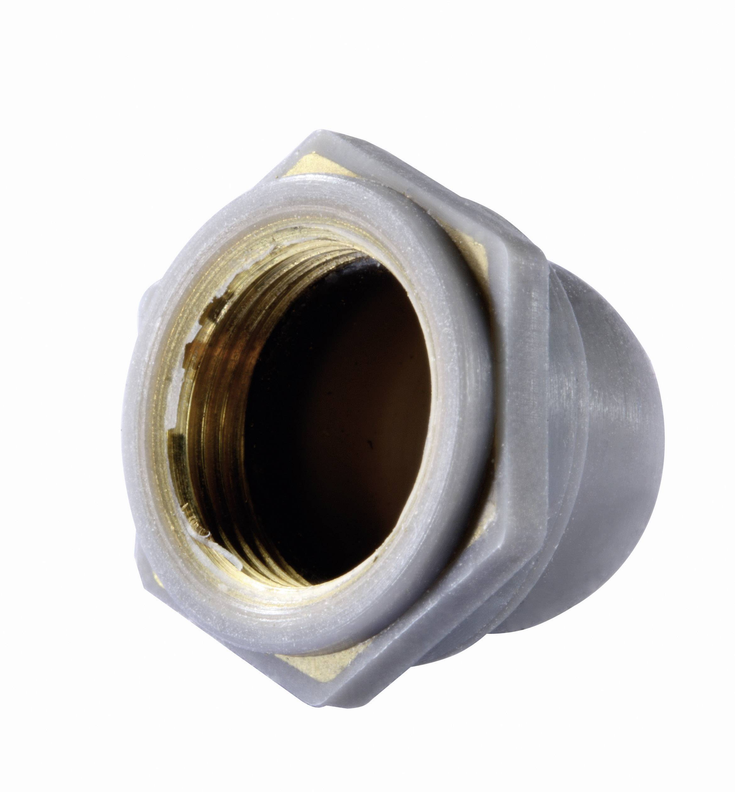 Grey metal nut with a hexagonal shape and internal thread. It is used for fastening or connecting two elements.