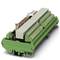 A green electronic multi-pin connector with several ports and components, used for industrial or technical applications.