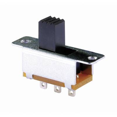 Sliding switch with three terminals and a metallic base. The switch is black and rectangular at the top.