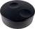 Black, round plastic box with two recessed circles on the top surface.
