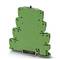 Green electric relay module with Phoenix Contact branding, suitable for industrial DIN rail mounting.