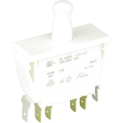 A white press switch with multiple terminal blocks and technical details on the front, suitable for electrical devices.