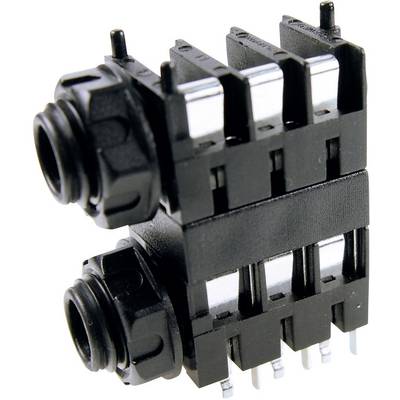 'Black 6-pin audio socket in vertical configuration with two connection areas and side mounting elements.'