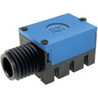 A blue electronic sensor with black connection components. It is used in industrial applications for capturing measurement values.