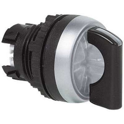 Rotary switch with a black handle and silver ring, side view. Ideal for electrical appliances or machine control.