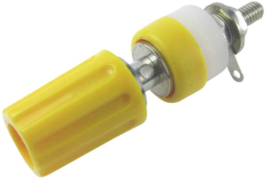 A yellow speaker connection terminal with a screw head, insulating plastic casing, and metal threading for mounting.