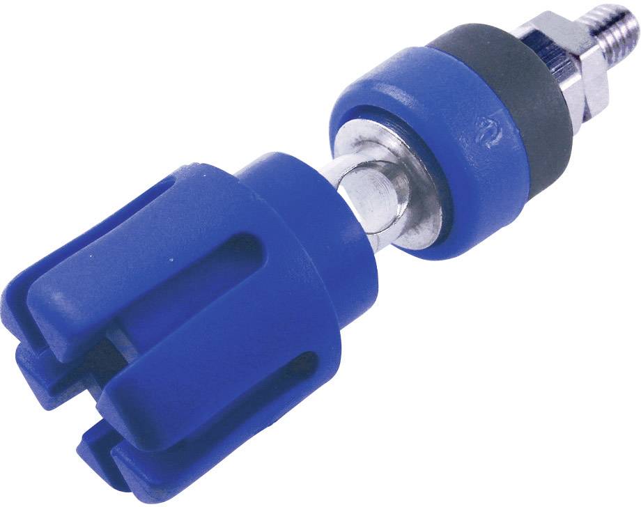 A blue, industrial coupling piece with a metal thread and plastic casing, used for fastening or connecting in machinery.