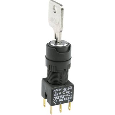 Key switch with six pins, black housing and metal key. Markings: 'APEM', '6A 250V', 'AO1526'.
