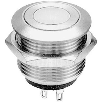 A round, silver-coloured push button with threading for mounting. Two electrical connections are located on the underside.