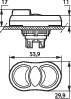 Technical drawing of a component with two views: side view above, top view below. Dimensions and details are noted.