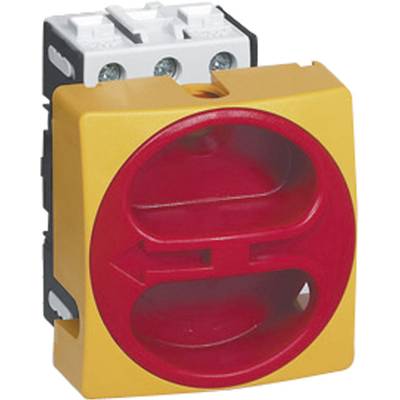 A red and yellow emergency stop switch with a round red lever, mounted on a rectangular housing with grey screws.