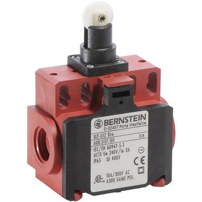 A red safety switch with a black push button and manufacturer label. Suitable for 10A/300V AC, protection type IP65.