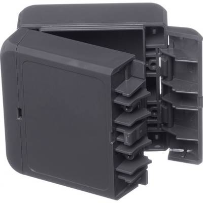 Black, foldable plastic box with multiple plug slots for tidy cable organisation.