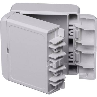 Grey rectangular plastic casing with an open lid, showing internal compartments and mounting brackets, suitable for cable connections.