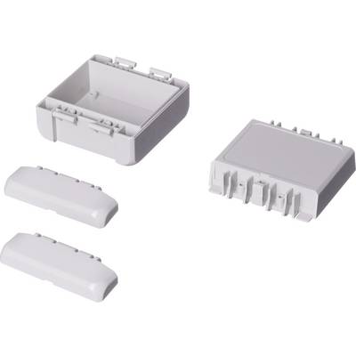 Grey plastic enclosure in four parts: an open and a closed housing section along with two covers.