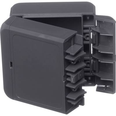A black, rectangular plastic distribution box with an open front, revealing internal compartments or holders.