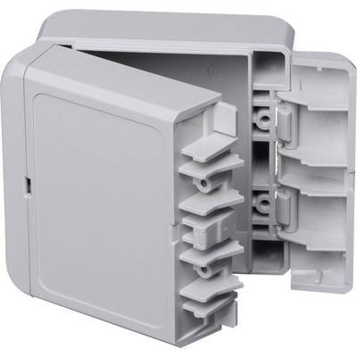 Grey, rectangular plastic enclosure with an open lid, revealing internal structure and mounting options, suitable for electrical installations.
