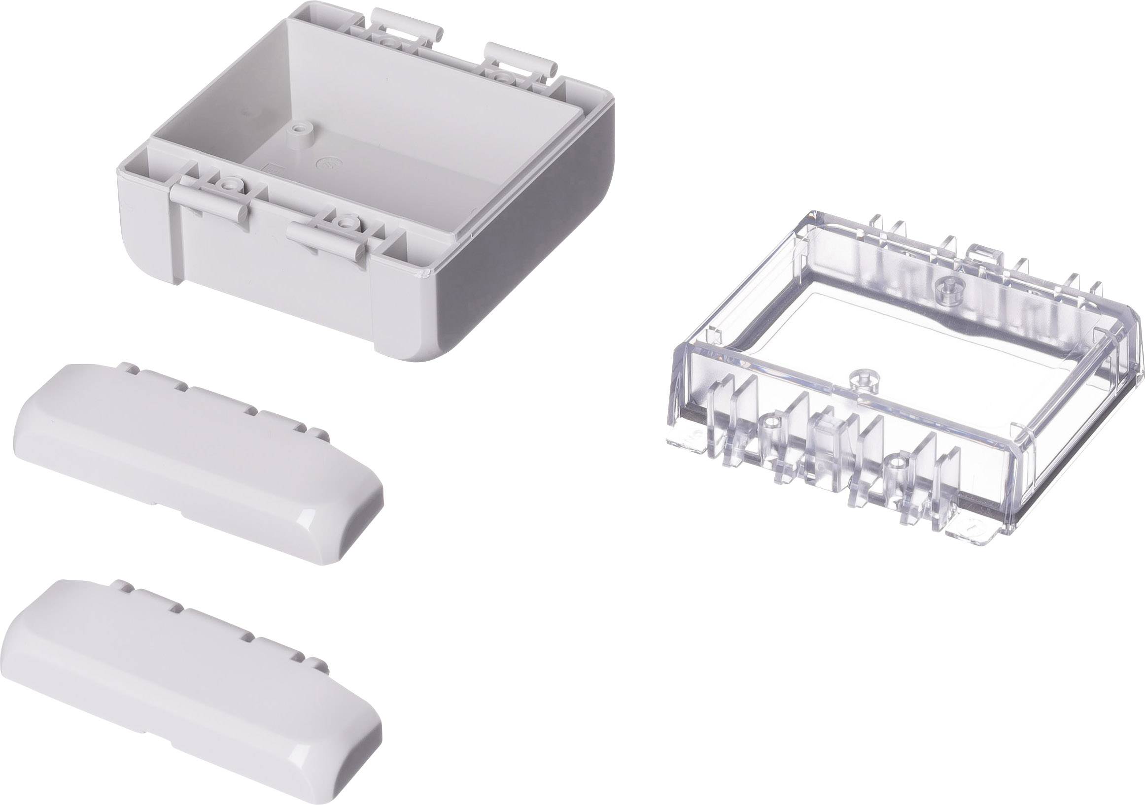 A housing with two semi-circular covers and a transparent lid. It is used for mounting electrical components.