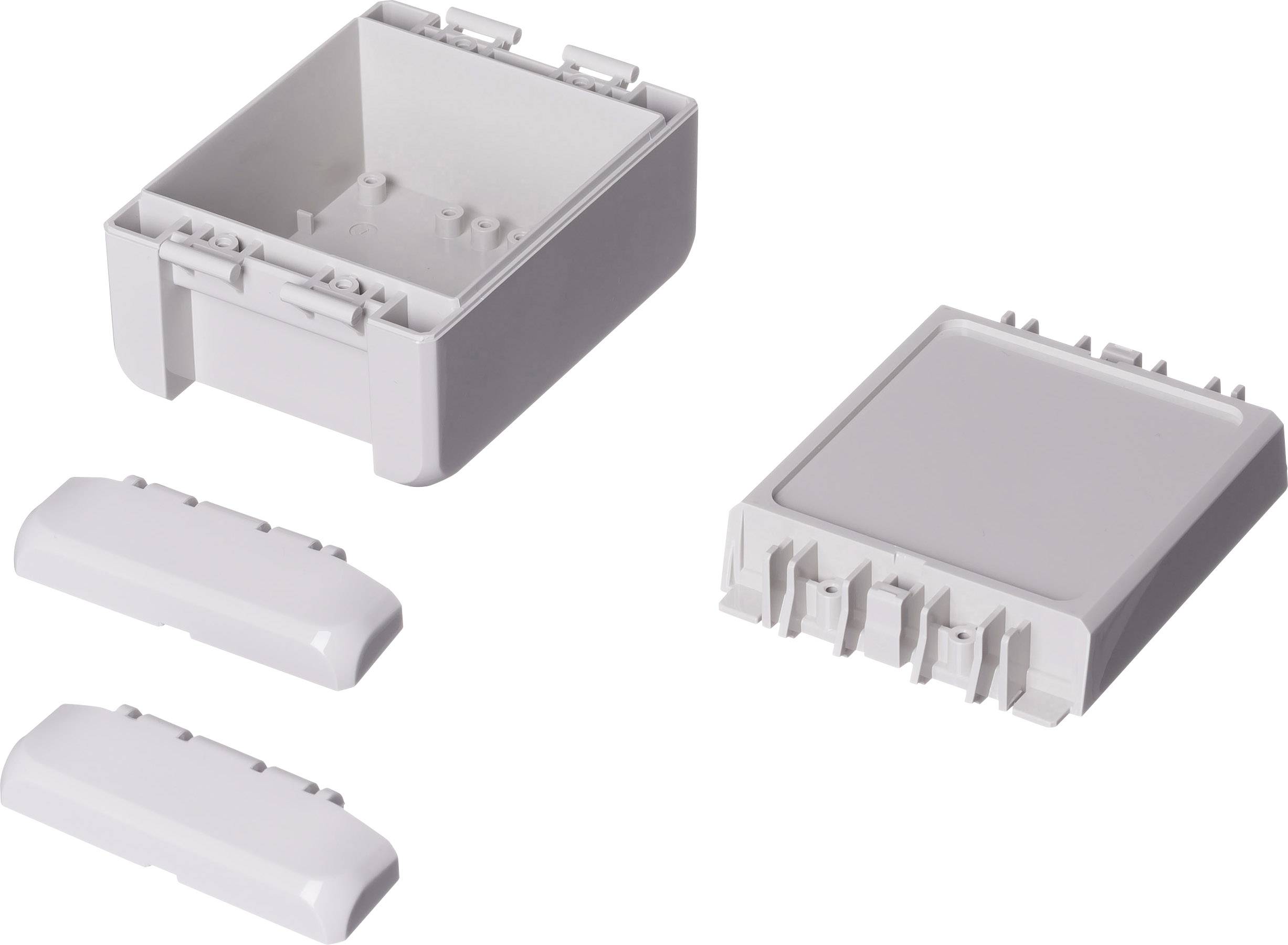 Plastic enclosure consisting of a base and a removable lid, suitable for electronic components.