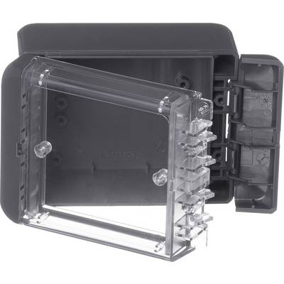 Grey plastic enclosure with transparent lid, open. Used for wall-mounting electronic control devices, weatherproof.