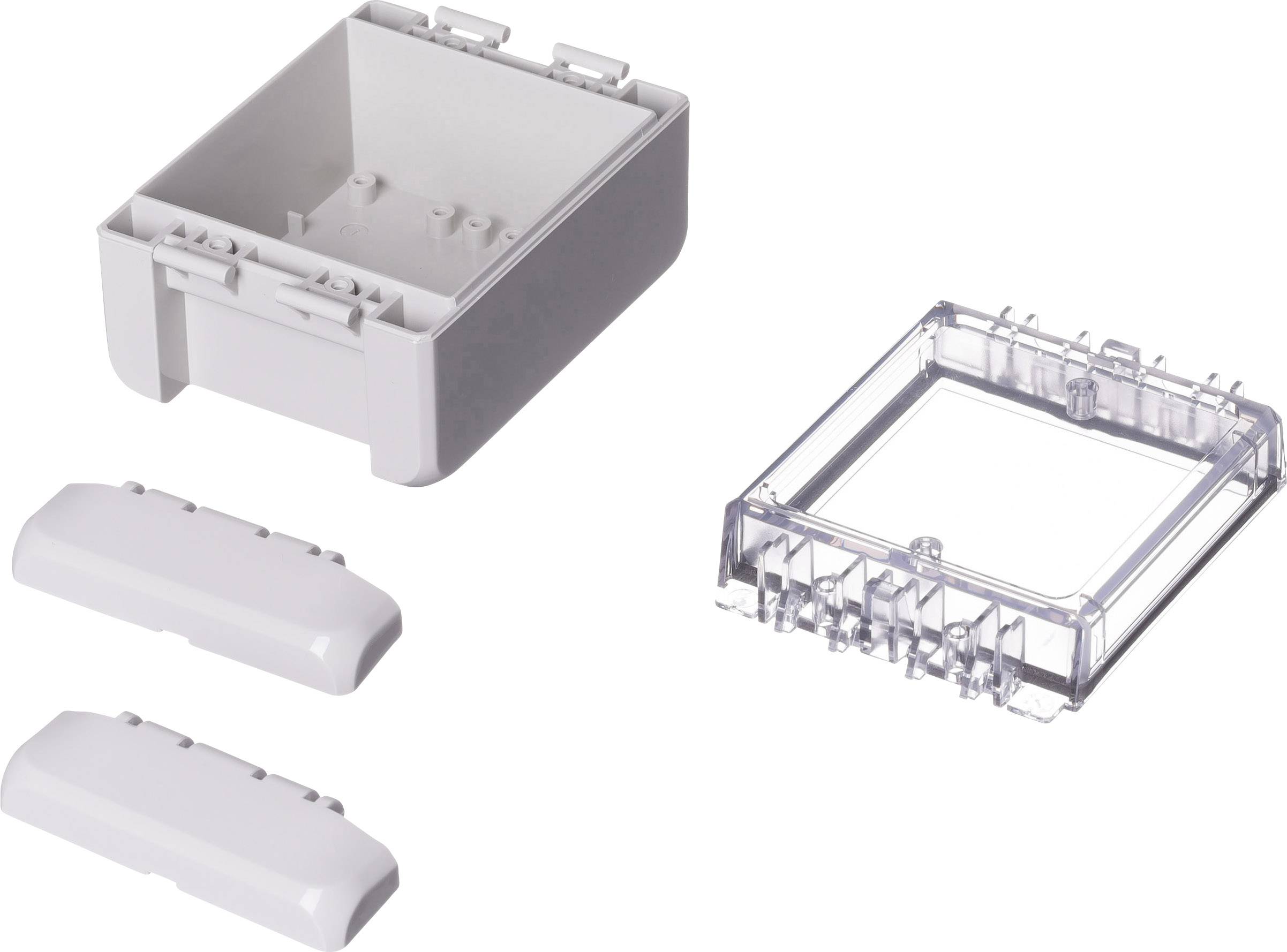 Plastic components of an electrical switch, including housing, transparent cover, and two side panels.