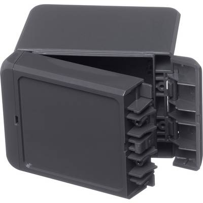 Grey plastic enclosures, opened. Reveals hinges and internal structure. Suitable for electronic or industrial applications.