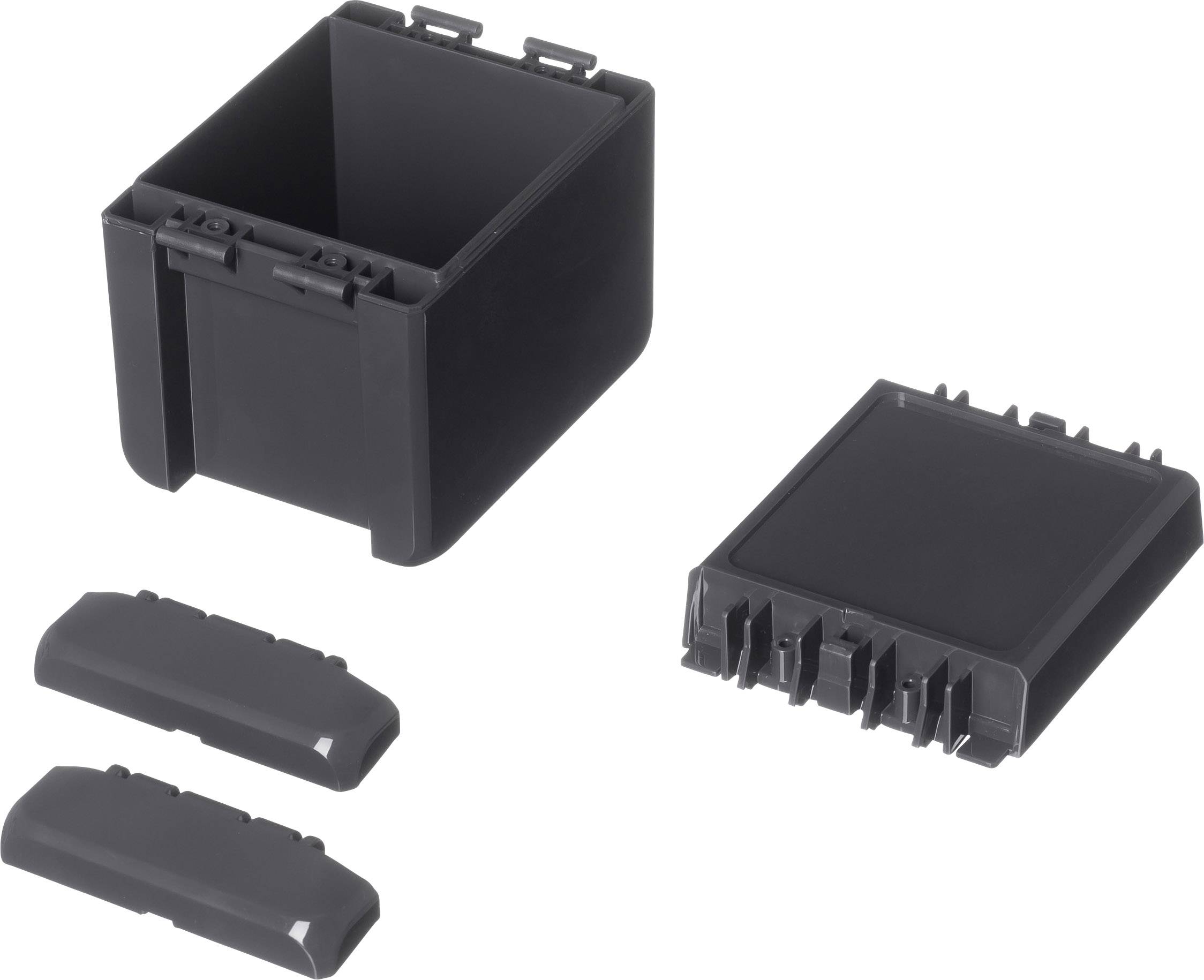 A black, rectangular plastic enclosure with a removable lid and two side covers, suitable for electronic components.