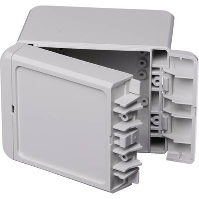 A grey, rectangular plastic casing with an open lid. Several mounting brackets and attachment points are visible.