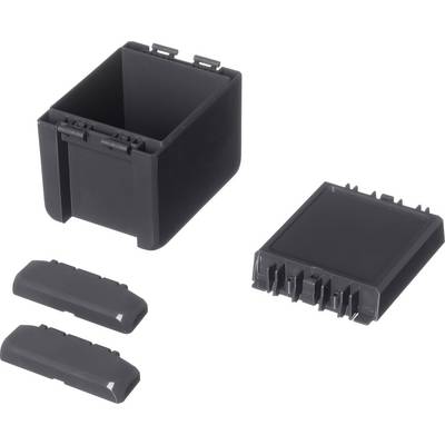 Black plastic container with removable lid, alongside two loose side covers.
