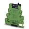 Green Phoenix Contact relay module, compact design, suitable for electrical connections.