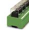 Green electrical relay module with multiple black relays under transparent covers. Mounted on a DIN rail.