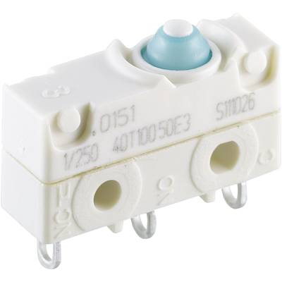 White microswitches with three terminal blocks and a blue push button, used in electronic devices for control or switching.