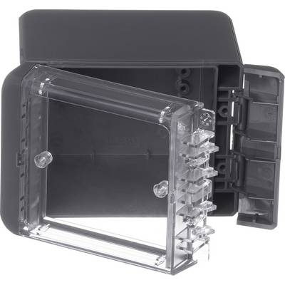 'Grey weatherproof protective enclosure with transparent cover, shown open, suitable for outdoor use.'