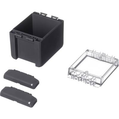 A rectangular, black plastic container with an open top, two black covers, and a transparent lid.