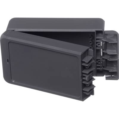 A dark grey, rectangular plastic enclosure with a removable lid, potentially used for electronic components.