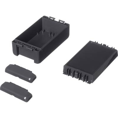 Plastic housing components in black, consisting of a rectangular housing, lid, and side covers.